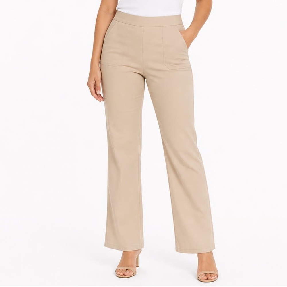 Chloe + Jasmine Tan Beige Pull On Straight Leg Trousers Pants Womens Pockets